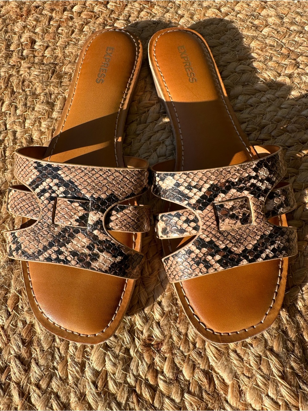 Express Women's Brown Snakeskin-Print Slide Sandals